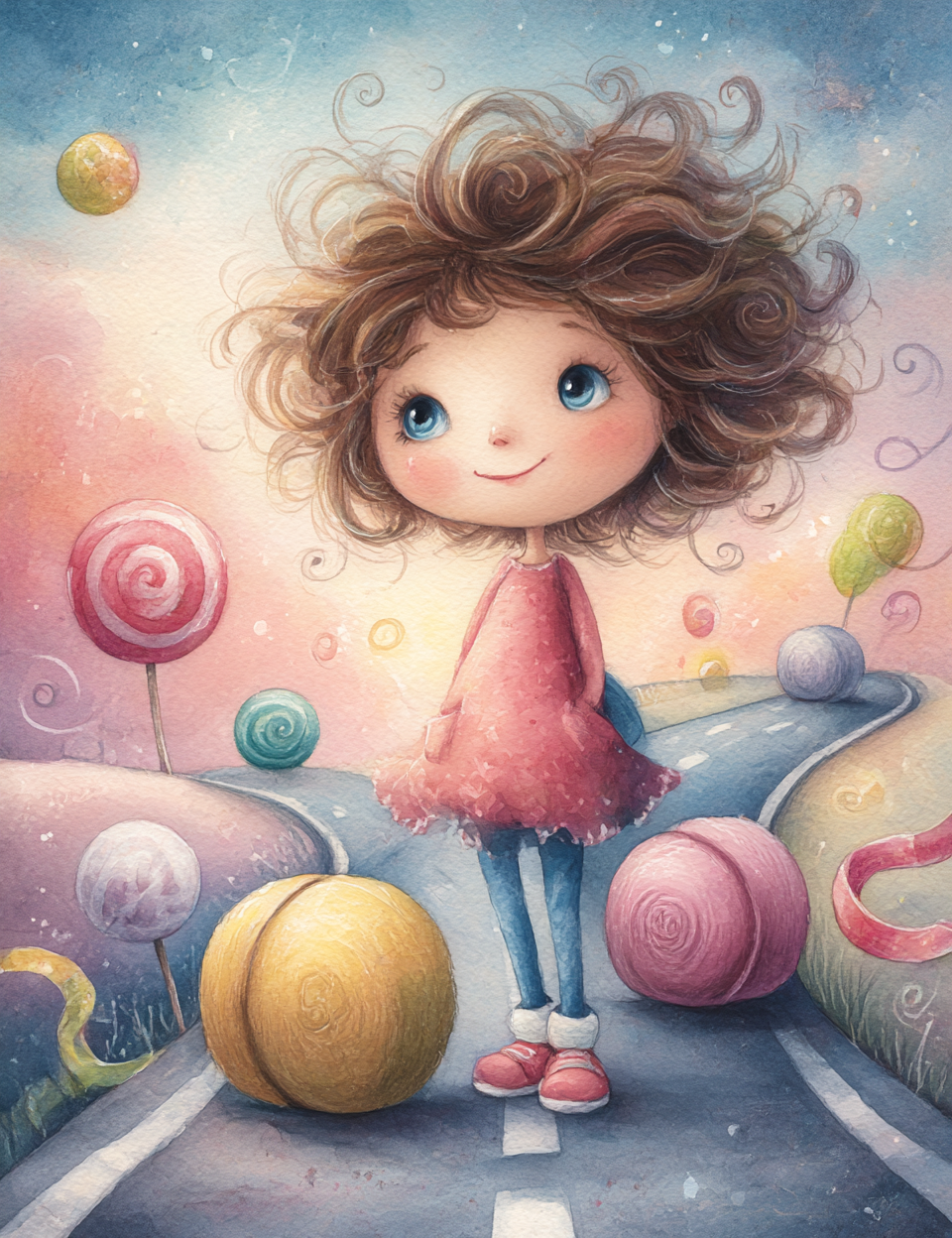 Illustration of a girl with curly hair surrounded by colorful candy-like objects in a whimsical setting.