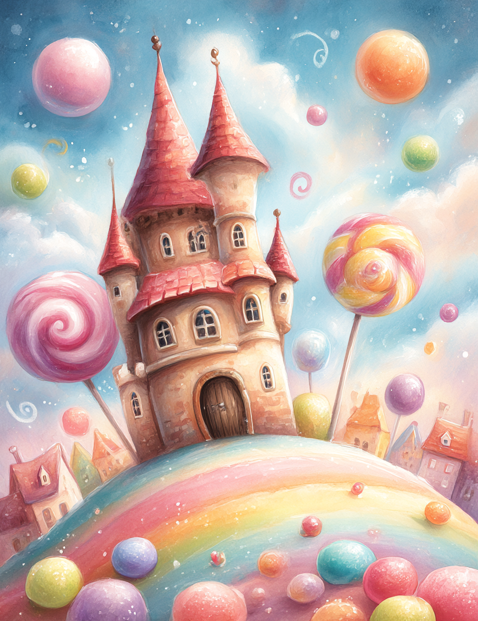 Fantasy castle with candy-themed elements in a colorful, whimsical setting.