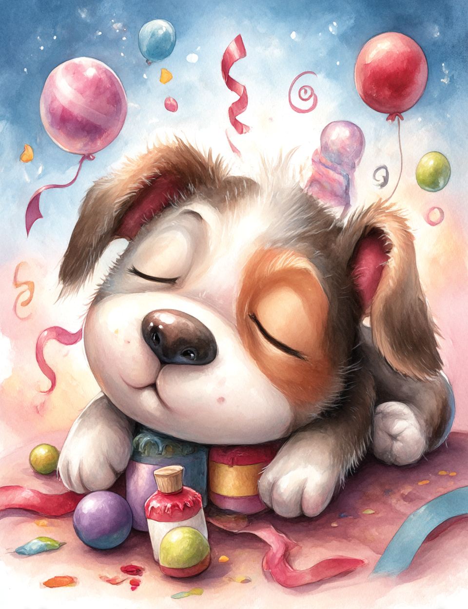 Illustration of a cute puppy with balloons and ribbons on a colorful background