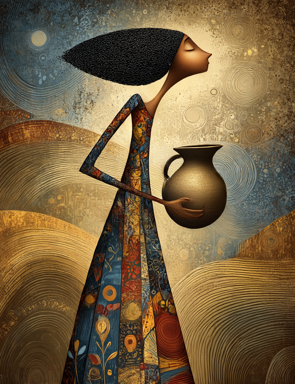 Artistic depiction of a person holding a vase against a stylized landscape background