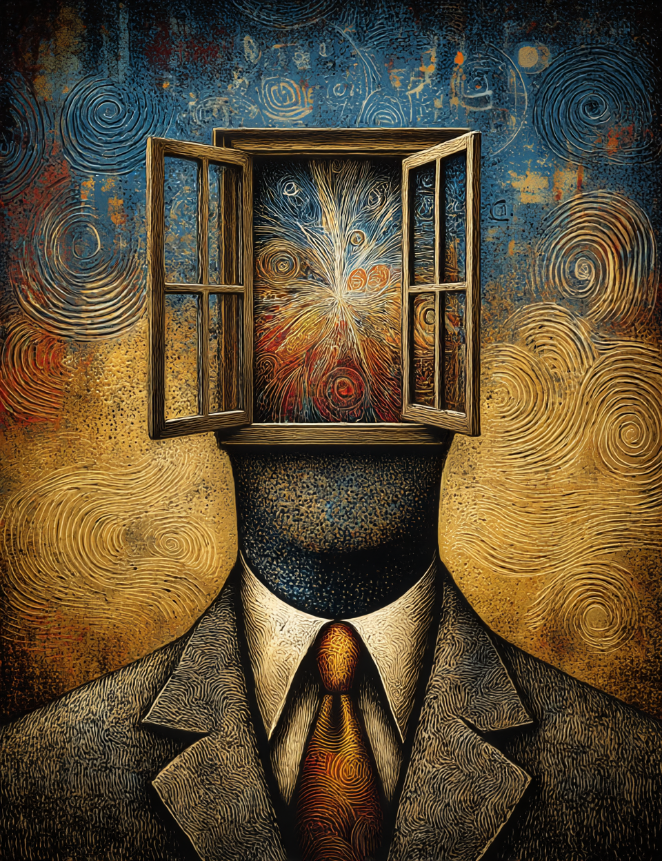 Artistic depiction of a person with an open window over their head, revealing a vibrant interior.
