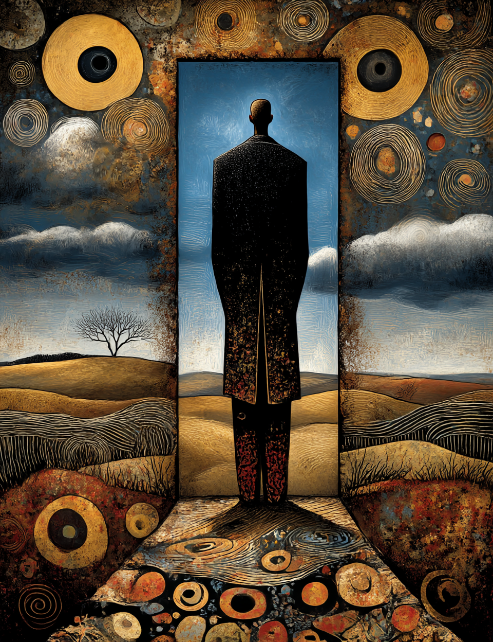 Artistic depiction of a figure standing in a landscape with abstract patterns and colors.