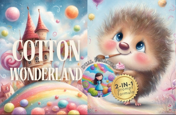 Illustration of a hedgehog in a colorful 'Cotton Wonderland' setting with candy and a castle.