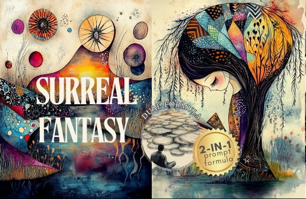 Collage of surreal fantasy art with vibrant colors and intricate designs.