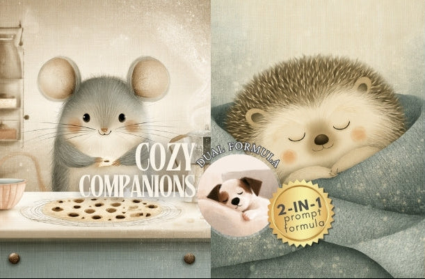 A cozy illustrated collage featuring animal characters: a gray mouse at a table with cookies, a hedgehog sleeping in a blue blanket, a small dog, and a fox, with the text 'COZY COMPANIONS' and a badge reading '2-IN-1 prompt formula'. This appears to be a digital cover or promotional graphic rather than a straightforward product photo, so subject_type is Other.