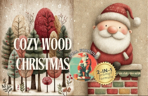 Collage of Christmas-themed items including Santa Claus, trees, and ornaments with 'Cozy Wood Christmas' text.