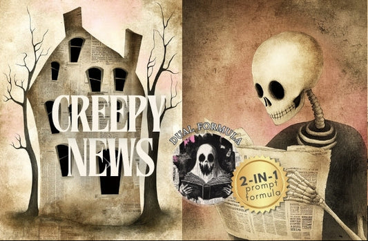 Collage of spooky illustrations with text and a newspaper, featuring a skeleton and a cat.