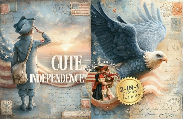 Promotional graphic for 'Cute Independence' with patriotic elements and text.