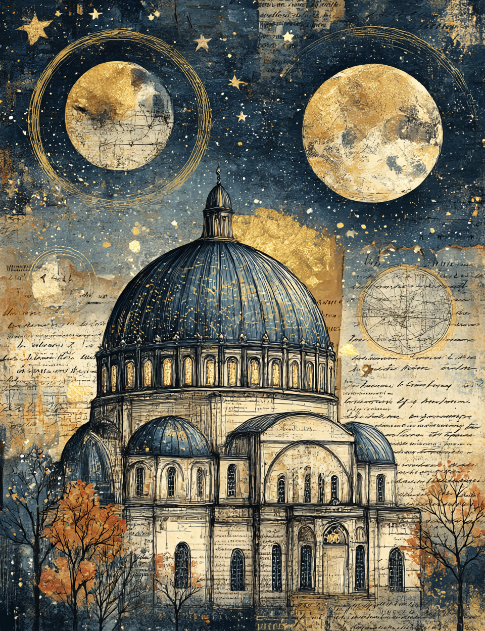 Artistic depiction of a dome with celestial elements and starry sky.