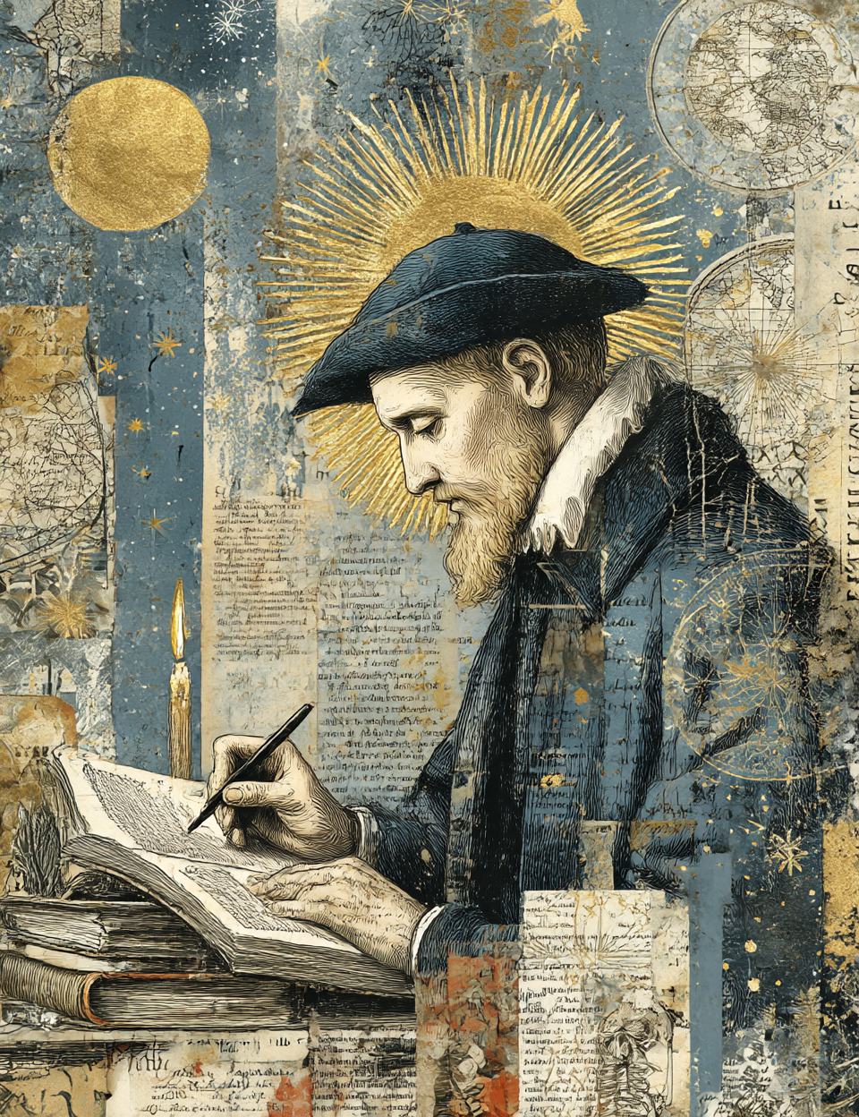 Illustration of a scholar writing with celestial and classical elements in the background