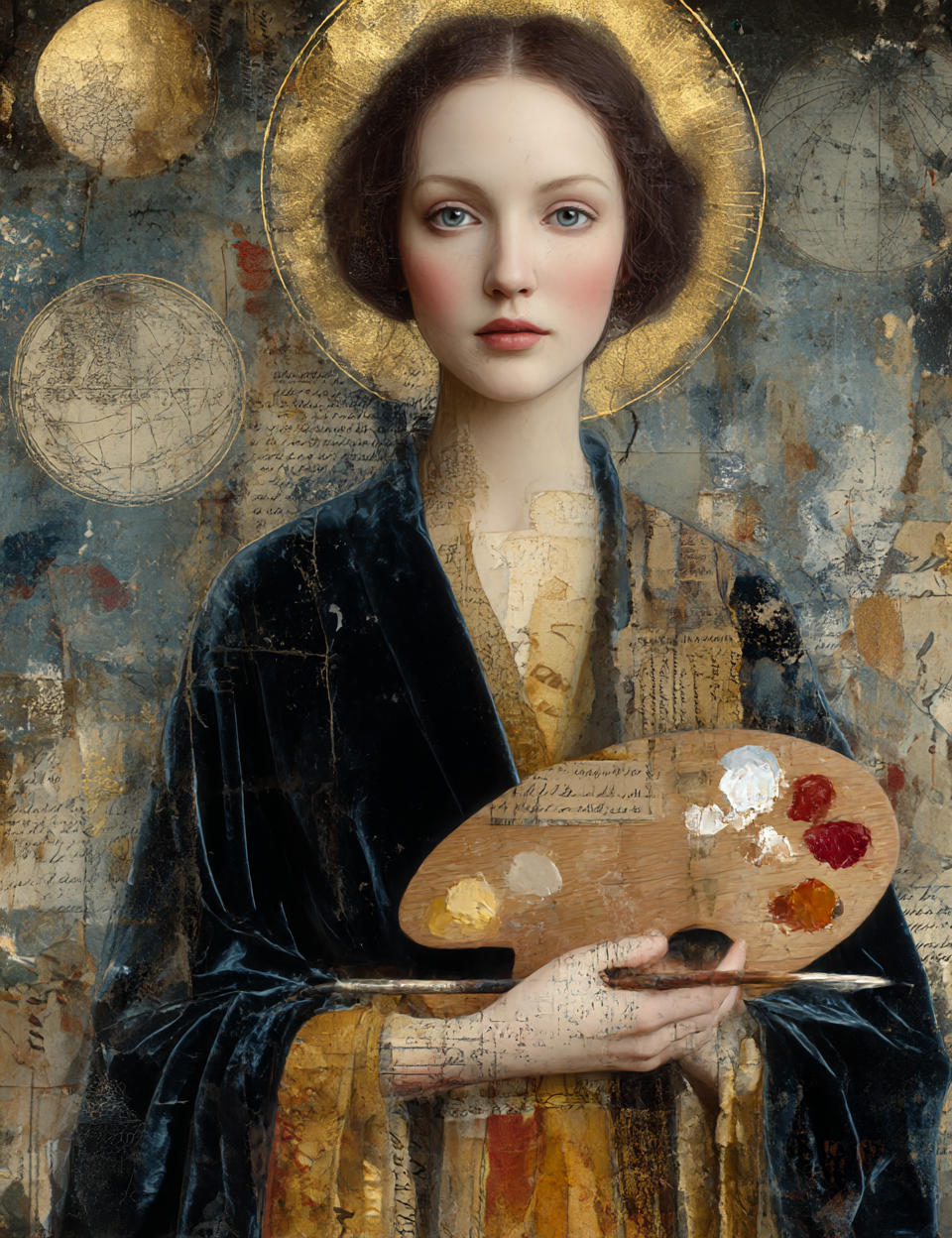 Artistic depiction of a woman holding a paint palette with a textured, collage-like background.