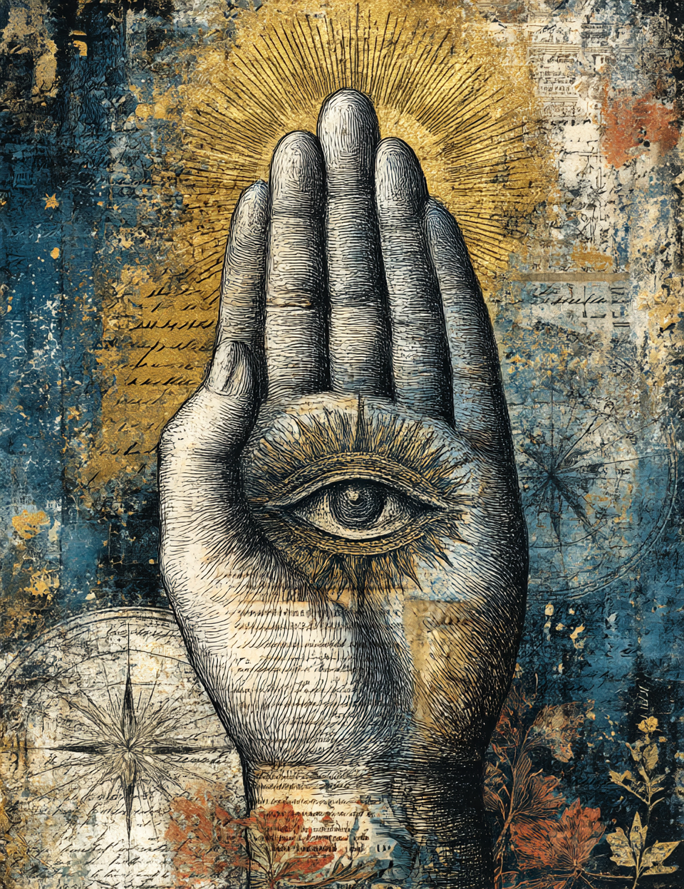 Illustration of a hand with an eye in the palm against a textured background