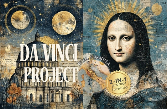 Collage with artistic elements and text related to the 'Da Vinci Project' on a blue background.