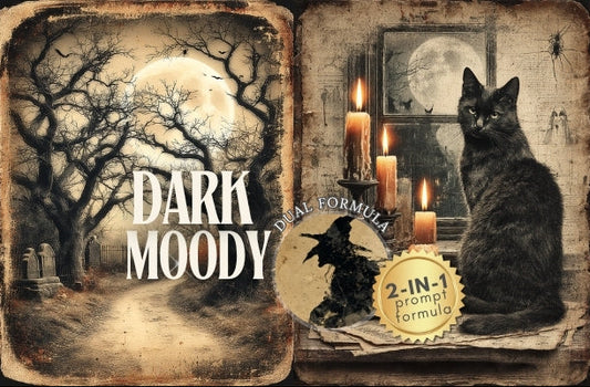 Vintage-style packaging for 'Dark Moody' with a cat, candles, and pumpkin.