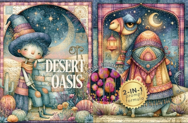 A whimsical illustrated scene titled 'DESERT OASIS' showing a child in a witch hat beside a camel under a crescent moon, with decorative desert and fantasy elements, flowers, lanterns, and a badge reading '2-IN-1 prompt formula'. This is not a clean product photo, not a person in a real environment, and not an auxiliary chart or instruction image, so the best fit is Other.