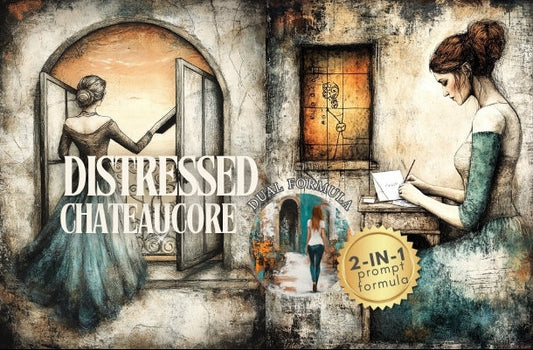 Artistic design with text 'Distressed Chateaucore' and images of a woman, a man, and a bird.