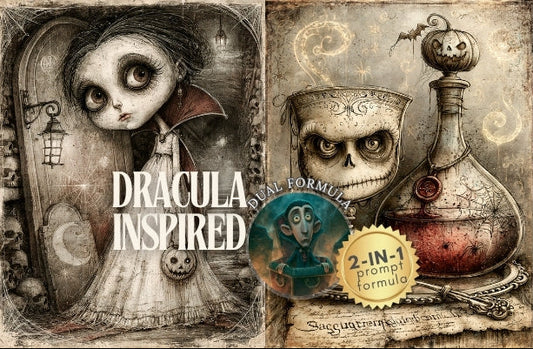 Dracula-inspired potion label with character and bottle illustration