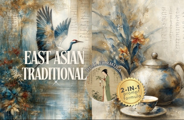 Decorative design with East Asian elements, including a teapot, flowers, and traditional architecture.