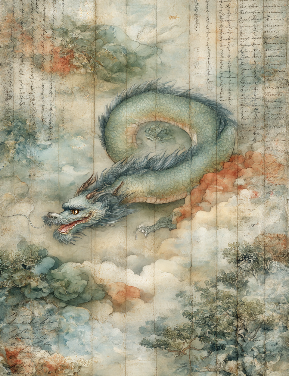 Traditional Chinese painting of a dragon amidst clouds and nature