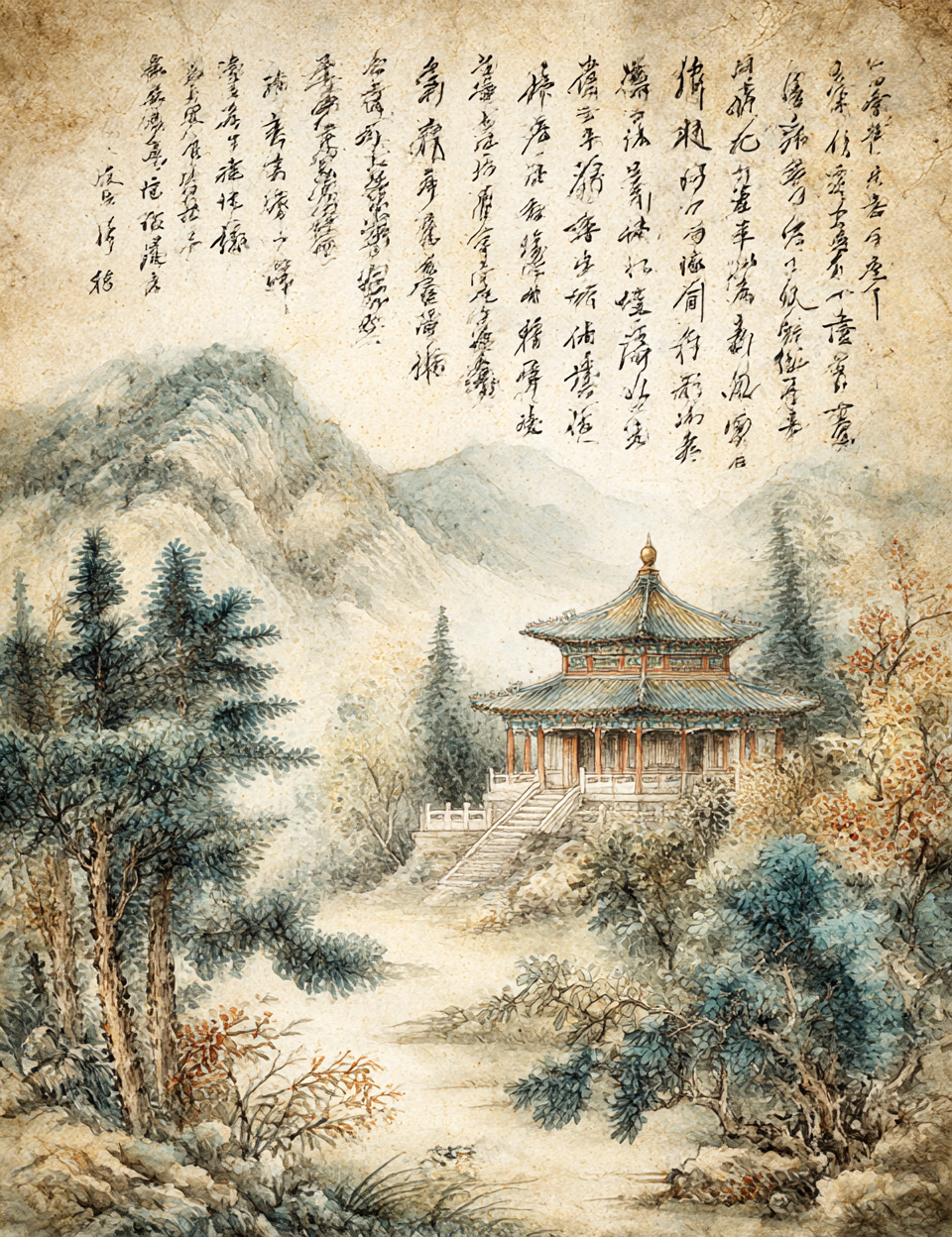 Traditional Chinese landscape painting with a temple and mountains