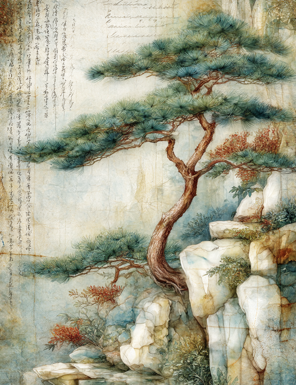 Artistic depiction of a tree with a rocky landscape and calligraphy in the background