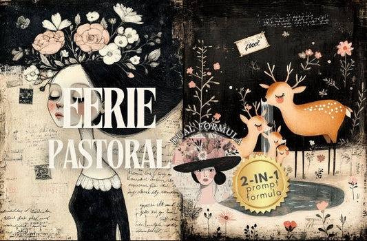 Collage with floral elements, a deer, and text 'Eerie Pastoral' on a textured background.