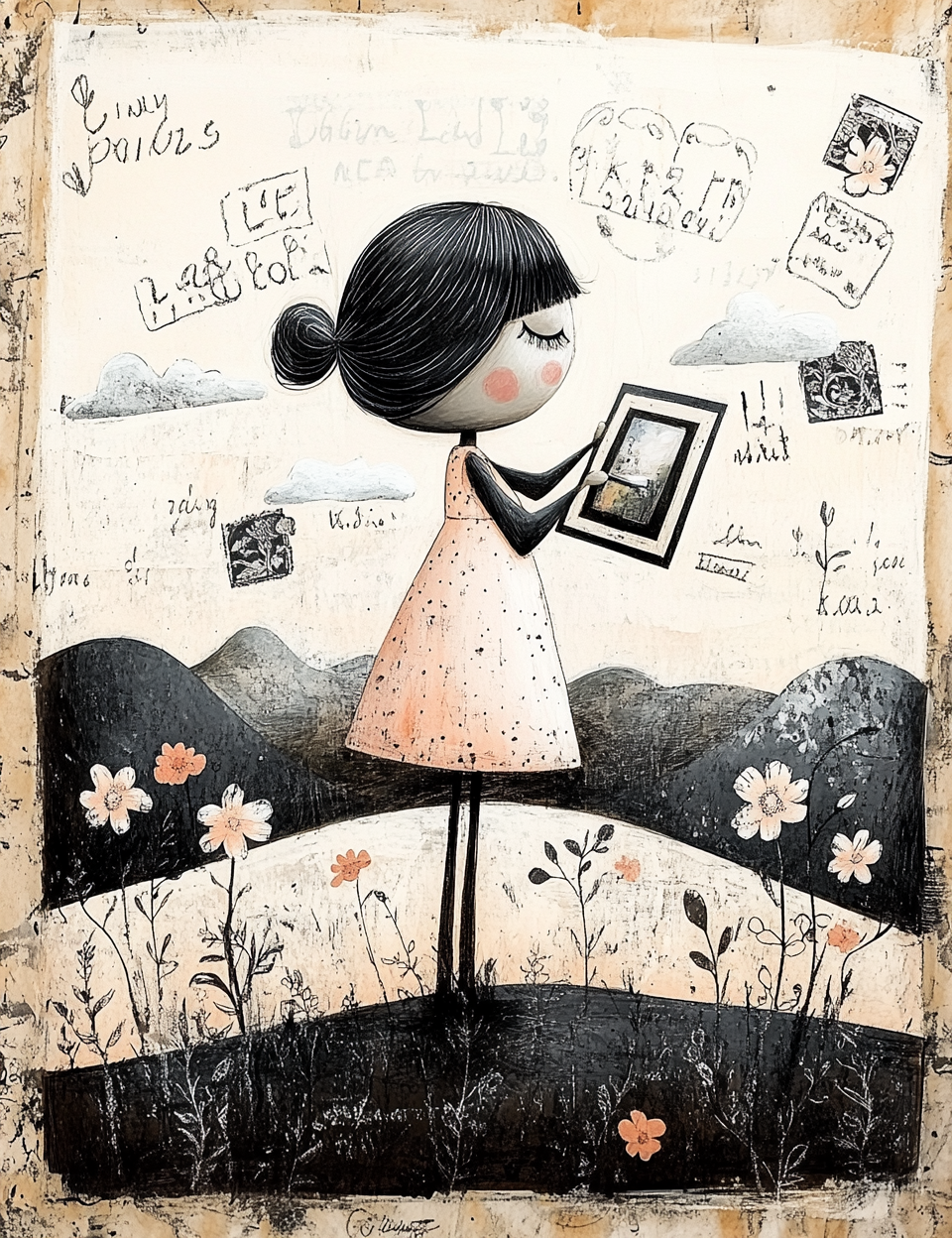 Illustration of a girl holding a framed picture with a scenic background and stamps.