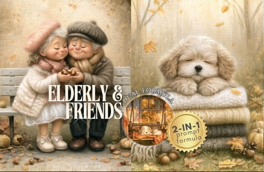 A collage-style promotional graphic for an AI art prompt pack titled 'ELDERLY & FRIENDS'. The design features four vertical panels with cozy illustrations: an elderly couple kissing on a bench, an elderly woman holding sunflowers, a fluffy puppy resting on a blanket, and a goose wearing a hat and scarf.