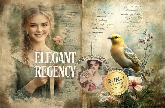Vintage-style advertisement with a woman, bird, and floral elements, featuring the text 'Elegant Regency' and '2-IN-1'.