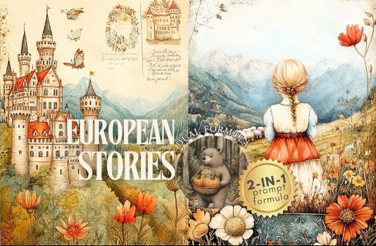 Midjourney V 6.1 Prompts for DUAL European Children’s Books Pages