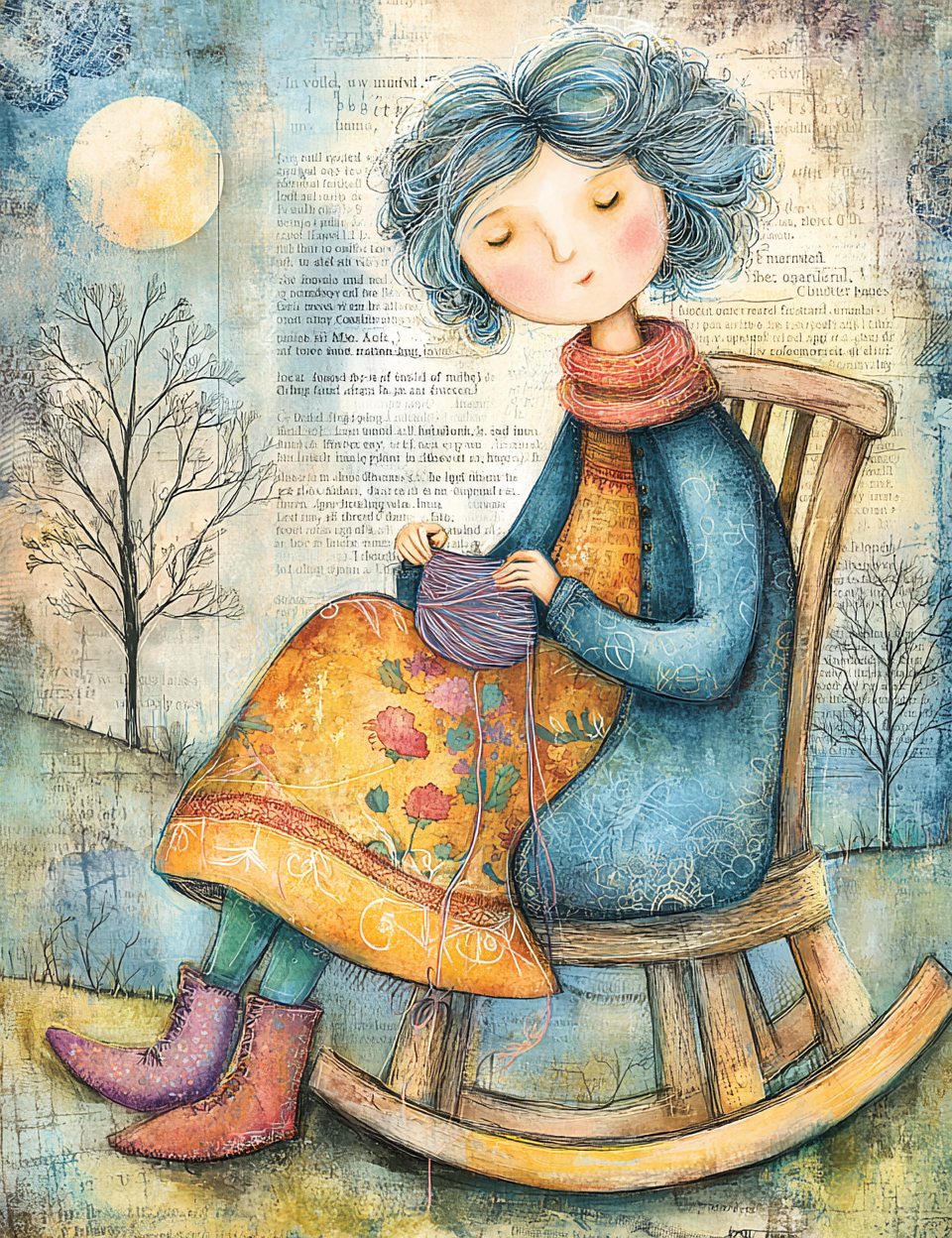 Illustration of a person with blue hair sitting on a rocking chair, holding yarn.