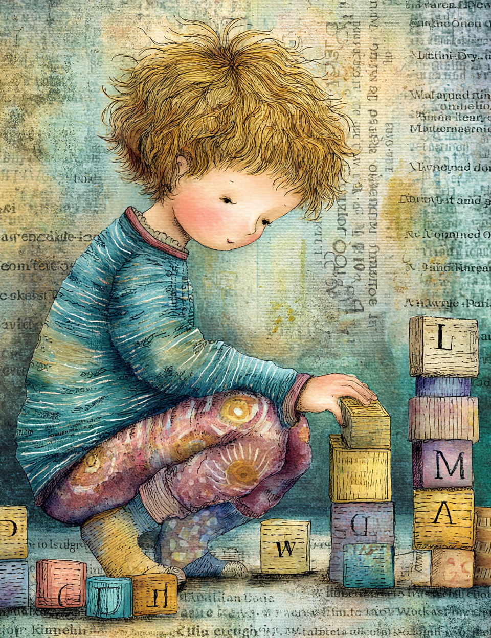 Illustration of a child playing with wooden blocks on a textured background
