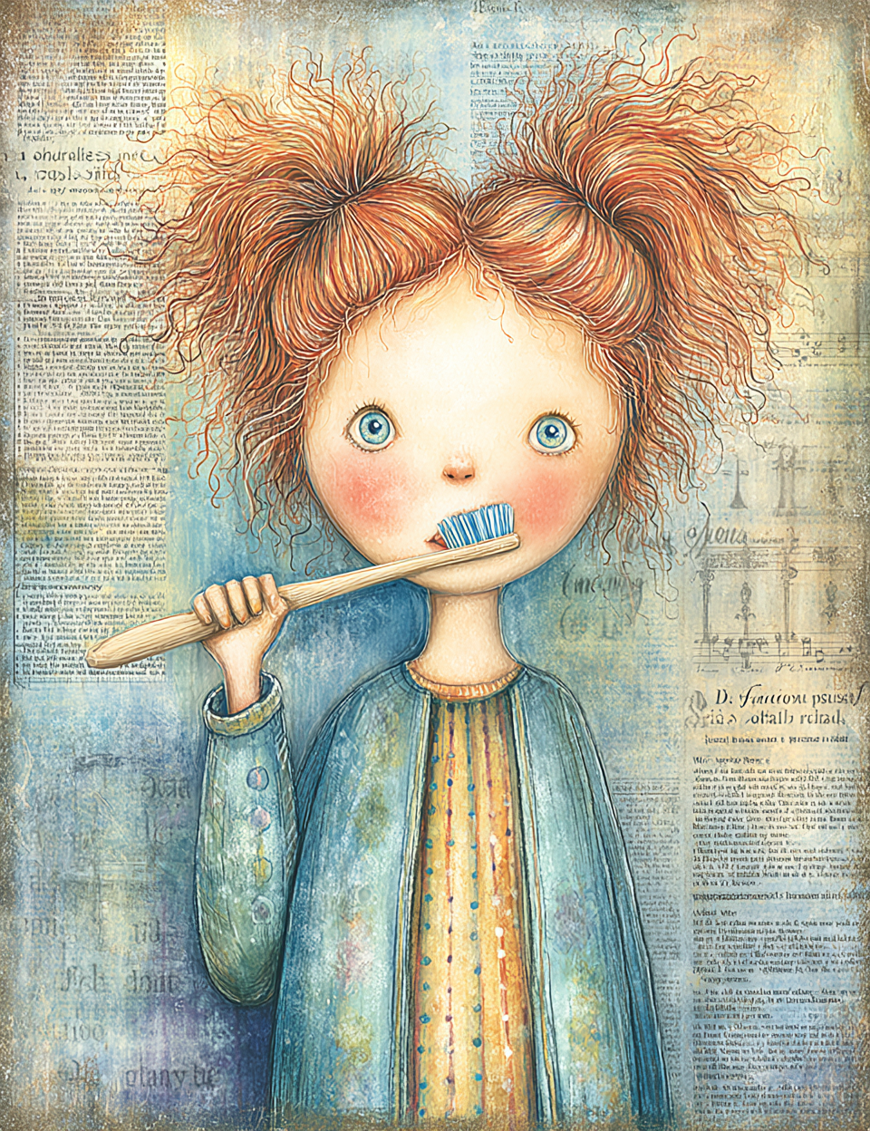 Illustration of a child with red hair brushing teeth against a textured background