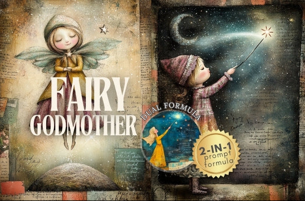 Fairy-themed product packaging with a fairy godmother illustration and decorative elements.