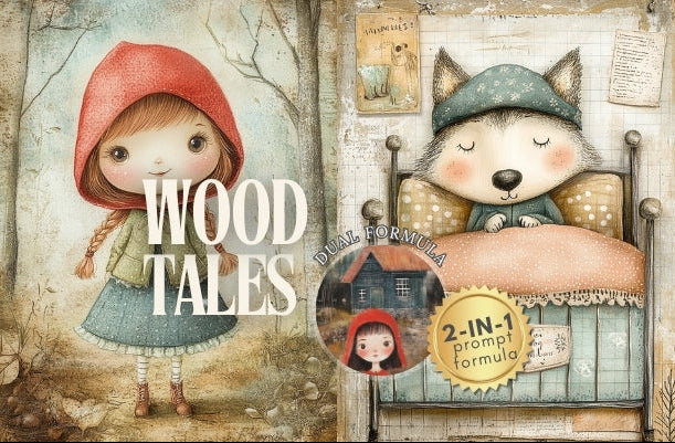 Book cover of 'Wood Tales' with illustrations of a girl, wolf, and fox in a forest setting.