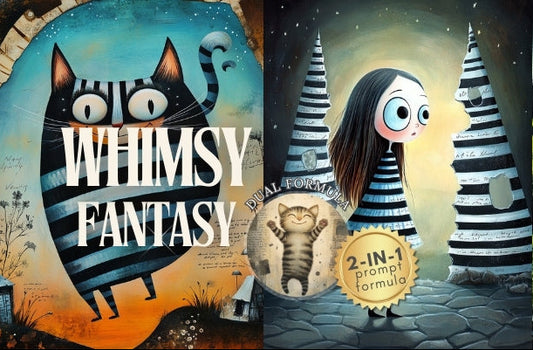 Illustrated book cover with a cat and witch design, labeled 'Whimsy Fantasy'.