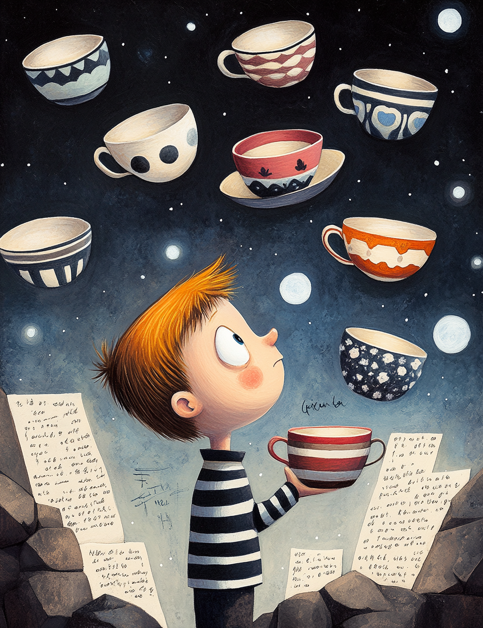 Illustration of a child holding a teacup with floating teacups and stars in the background
