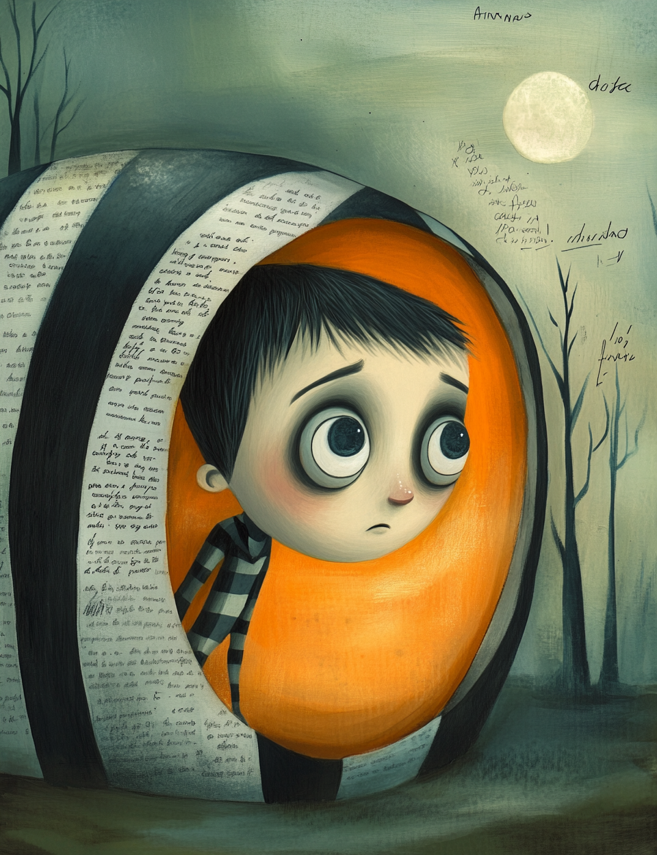 Illustration of a character with large eyes and an orange head inside a circular frame, surrounded by nature.