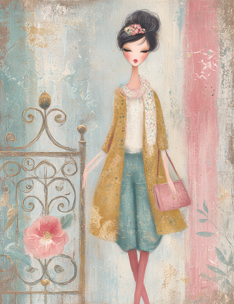 Illustration of a woman in a yellow cardigan and blue skirt standing near a decorative gate with flowers.