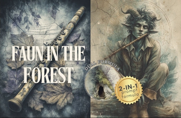 Product packaging with a faun in the forest design, featuring a flute and nature elements.