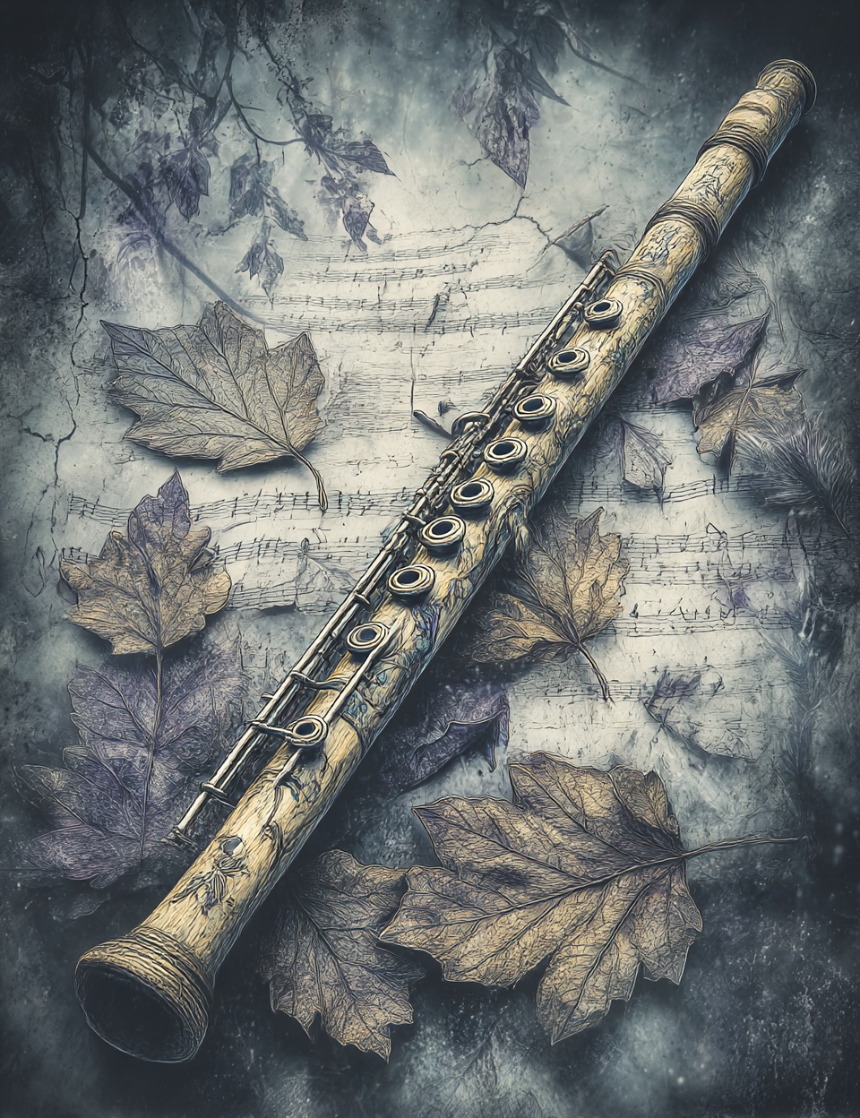 Flute on a background of leaves and sheet music