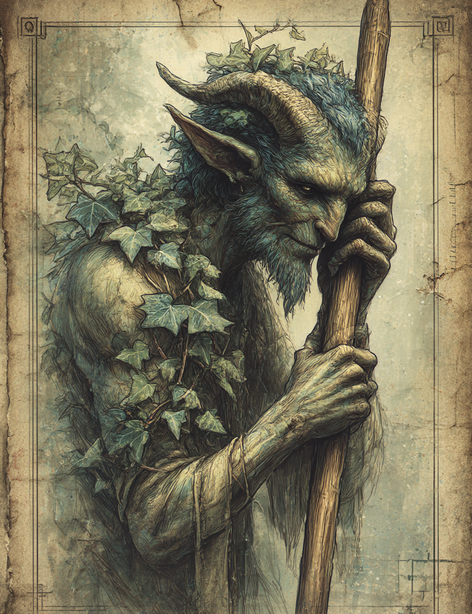 Elven creature with ivy and a staff on a textured background