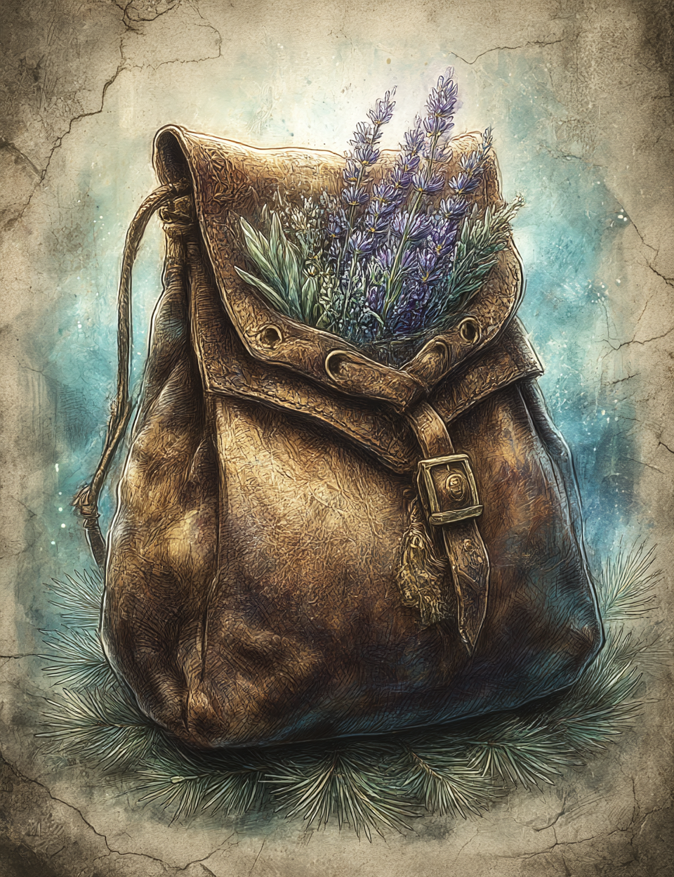 Brown leather bag with lavender and green leaves on a textured background