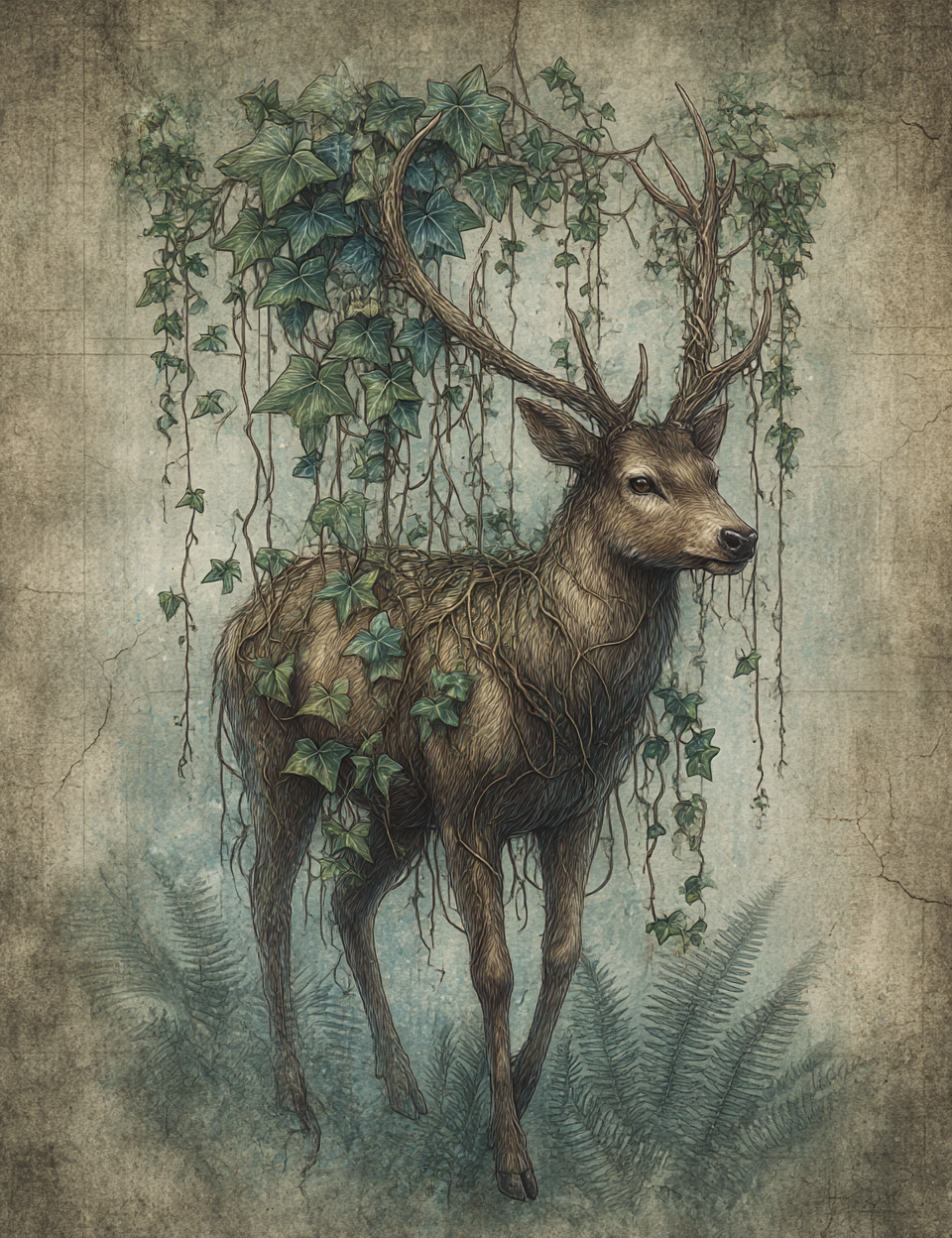 Illustration of a deer entwined with ivy on a textured background
