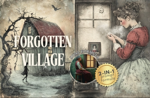 Vintage-style illustration of a woman in a village setting with text 'Forgotten Village' and '2-in-1 prompt formula'.