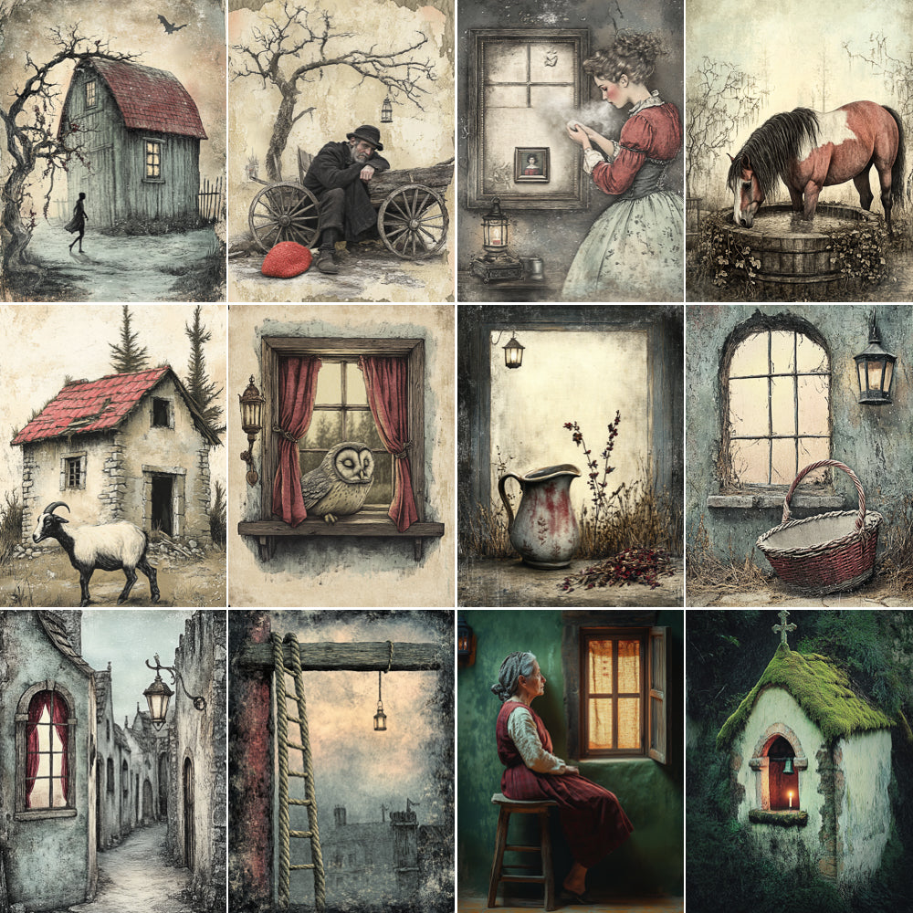 Collage of vintage-style illustrations featuring rural scenes, people, animals, and architecture.