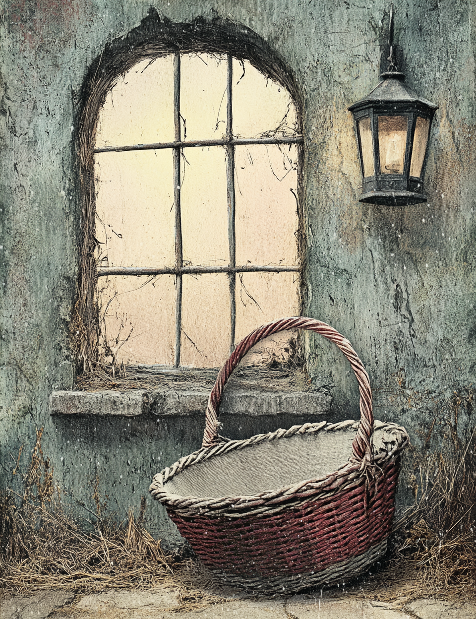 Worn basket in front of a window with a lantern on a textured wall.