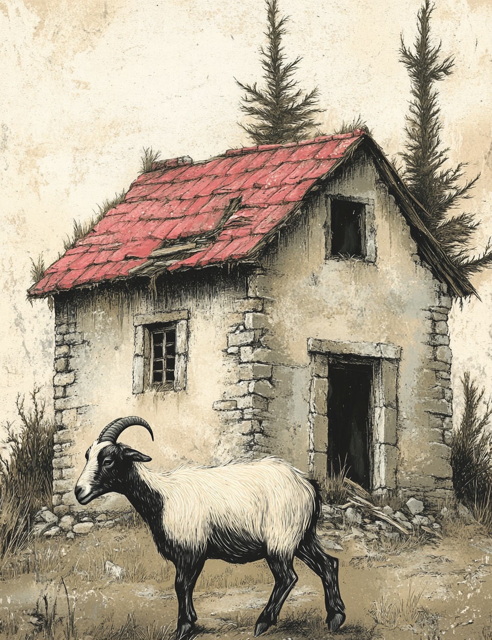 Small stone building with a red roof and a goat in front, surrounded by trees.