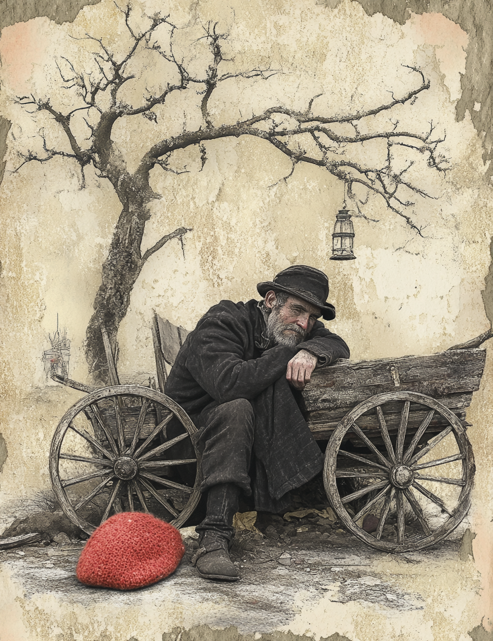 Man sitting by a cart with a lantern and a red stone on a textured background
