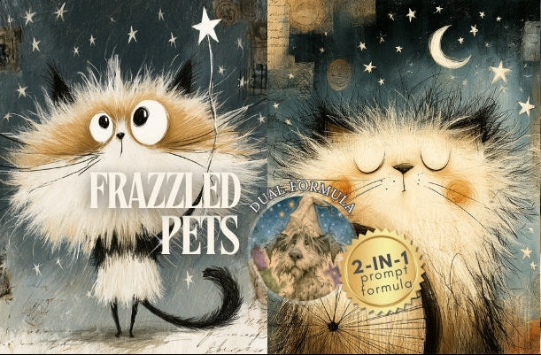 A collage-style artwork featuring four whimsical illustrated cats in a starry night scene, with the text 'FRAZZLED PETS' across the center and a circular badge reading '2-IN-1 prompt formula.' This appears to be a digital art preview or prompt-based illustration rather than a straightforward product photo, so subject_type is best classified as Other.